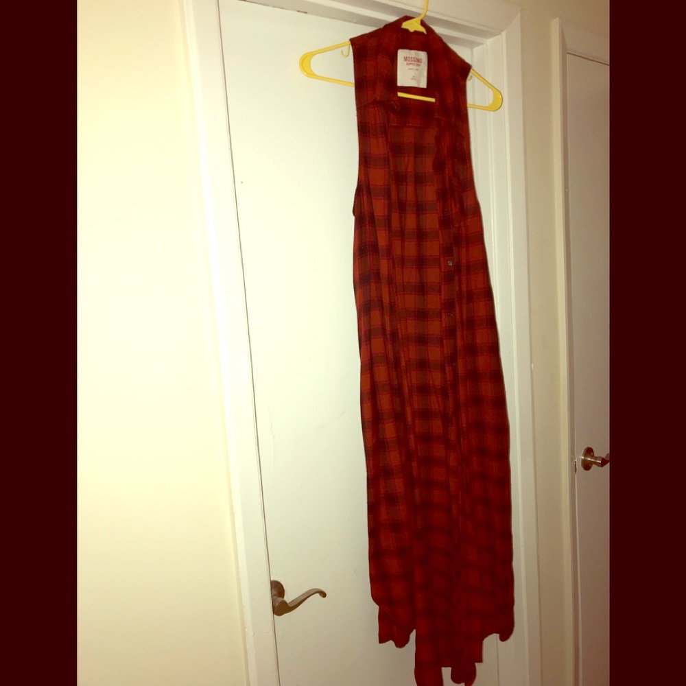 Long red and black sleeveless cardigan